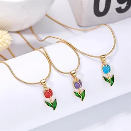 Pendant Necklaces Vintage Colourful Tulip Flower Necklace For Women Girls Elegant Fashion Gold Colour Clavicle Chain Chokers Aesthetic Jewellery
