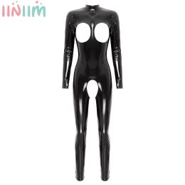 Openers Womens Sexy Hollow Out Crotchless Jumpsuit Nightclub Open Chest Long Sleeve Catsuit Mock Neck Zipper Patent Leather Bodysuit