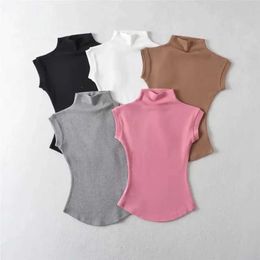 Women's T-Shirt Womens Summer Sexy Turtle Neck Sleeveless T-shirt Top Pure Thin Slim Fit Pulled Shoulder Strap Tee Womens Street Clothing Basic Tee J240409