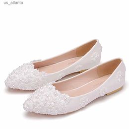 Dress Shoes Crystal Queen Ballet Flats White Pearl Lace Wedding Heel Casual Pointed Toe Princess H240409