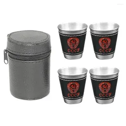 Mugs 4pcs/Set 70ml Beer Whiskey Glasses With Leather Storage Bag Stainless Steel Wine Glass Outdoor Tableware Gifts For Picnic Travel