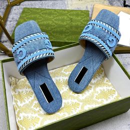 Mules Womens Designer Sandalen Denim Blaue Sandalen runden Leinwand Schlupf auf Vintage Lamblekleer Pantoffeln gestopfte Tanga dermalen Außensohle Flip-Flops Stickstreifen Sandale