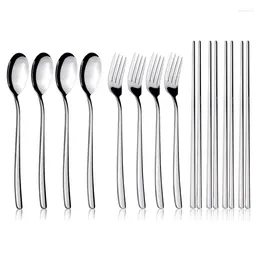 Dinnerware Sets Spoon Fork Chopstick Flatware Silverware Cutlery Stainless Steel Tableware Long Handle Kitchen Dinnerware(4 Pairs)
