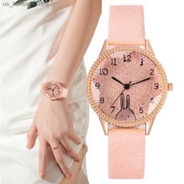 Wristwatches Fashion 2023 New Brand Women Quartz Luxury Pink Rhinestone Rabbit design Ladies es Sport Leather Clock Gifts240409