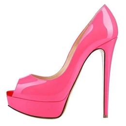 Dress Shoes 2024 New Women Pumps Sexy Platform Peep Toe 14cm Extremely High Heels Stiletto Patent Leather Party Nighclub Red Wedding Shoes H240521 B2XO