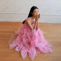 Casual Dresses Sweet Pink Spaghetti Strap Girls Dress With Bow Tulle Skirt Ankle Length For Party Formal 2024 Custom Made