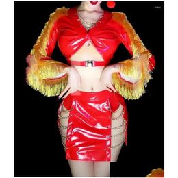 Stage Wear Bar Party Show Gogo Dance Costume Dj Singer Dancer Y Red Pu Leather Gold Tassel Rave Outfits Performance Clothes Drop Deliv Dhbnc