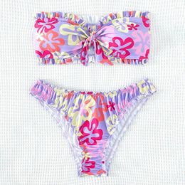 Women's Swimwear Purple Cute Floral Print Bikini For Women 2024 Sexy Ruffle Strapless Backless Swimsuit Lace-up Bandeau Summer Beach