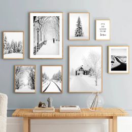 Wall Art Canvas Painting Winter City Flower House Raod Black White Nordic Posters And Prints Wall Pictures For Living Room Decor