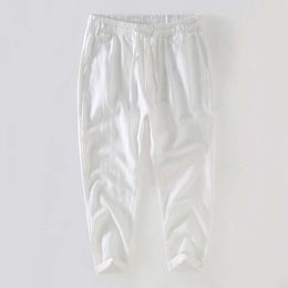 Premium and Thin Breathable Linen Pants for Men, Loose and Straight Tube Linen White Pants, Ruffled and Handsome Cotton Linen Casual Cropped Pants
