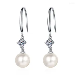 Stud Earrings S925 Sterling Silver 8mm Freshwater Pearl Ear Hook With Four 0.3ct Moissanite For Women