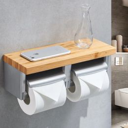 wood material bathroom white Paint Double Paper Holder Wall Mounted Bathroom Accessories Phone Rack Toilet Shelf Space Aluminium