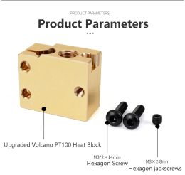 High Quality PT100 Volcano Heated Block Hotend Aluminium Brass Copper Plated Heating Block E3D Volcano Heatblock 3D Printer Parts