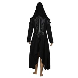 Halloween Cosplay Steampunk Assassin Elves Pirate Costume Adult Women Black Long Hooded Jacket Gothic Armor Leather Coats 5XL