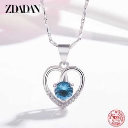 Pendant Necklaces ZDADAN 925 Silver Heart Blue Crystal Necklace Suitable for Womens Wedding Jewellery AccessoriesQ