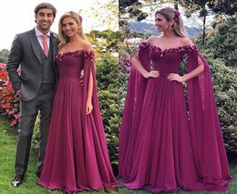 Greek Goddess Style 2020 Fushcia Prom Dress with Cape 3D Flower Appliques Chiffon Long Evening Party Gowns Customize Plus Size2180258