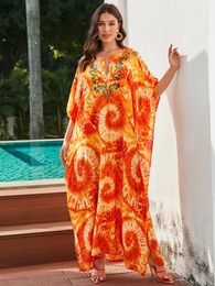 Women's Plus Size Orange Print Kaftan Embroidery V Neck Side Split Beach Dress Cosy House Robe Bathing Suit Cover Up Q1621