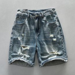 Men's Jeans Vintage Washed Denim Shorts For Men Summer Casual Ripped Hole Straight Half Youth Male American Cityboy Loose Knee