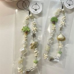 Beach Starfish Coconut Phone Chain Acrylic Beaded Phone Charm Smartphone Lanyard Coconut Tree Anti-Lost Beaded Phone Strap