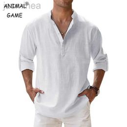 Men's Casual Shirts New Mens Cotton Shirts Linen Casual Long Sleeve Button Down Shirt Band Collar Loose Tops M-5XL 2449