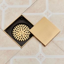 Brushed Gold Shower Drain Bathroom Floor Drain Tile Insert Square Anti-odor Floor Waste Grates 10X10cm Brass Drain