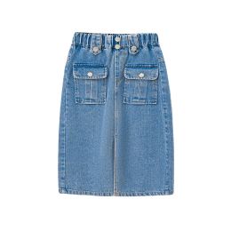 Summer New Girls Skirt Korean Denim Split Hip Wrap Skirt Kids Clothes Front Pockets Teenage Vintage Baby Blue Jeans 6 to 16 Yrs