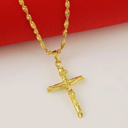 Pendant Necklaces True 24K gold cross pendant and necklace suitable for men/women. Gold chain religious Christian Jewellery Christmas giftQ