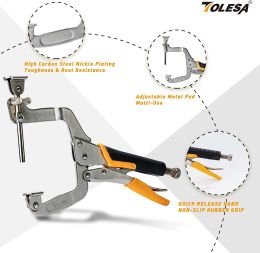 TOLESA 2PCS 11'' Pocket Hole Clamps for Woodworking, 90 Degree Right Angle Clamps with 2 Ways Adjustable Pads Metal Face Clamps