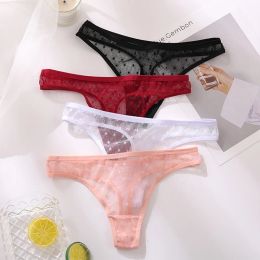FINETOO 4Pcs/set Sexy Lace Thongs Women Solid Color Transparent G-string Panties Female M-XL Soft Underwear Breathable Lingerie