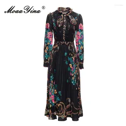 Casual Dresses MoaaYina Summer Fashion Runway Vintage Floral Print Dress Women Bow Collar Button Lace Hollow Out High Waist Pleated Midi