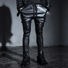 Jeans 2746 2023 Men's New Brief Black Leather Pants Lacing Casual Skinny Trousers Punk Boot Cut Jeans Male Stage Singer Costumes
