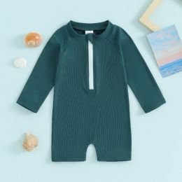 Newborn Baby Boy Girl Swimsuit Summer Beachwear Solid Colour Long Sleeve Front Zipper Toddler Jumpsuit Swimwear Bathing Suit