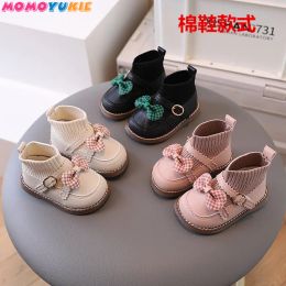 Boots New 2022 Autumn Fashion Warm Cute Bow Baby Princess High Top Sneakers Breathable Children's Shoes Girls Soft Leather Ankle Boots