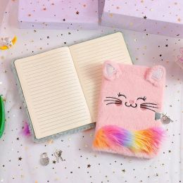 for Women Girls Locking Writing Journal Notebook Cat Diary with Lock for Writing Drawing Sketching Fluffy Plush Notebook
