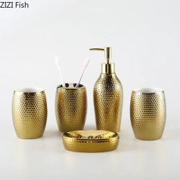 Golden Ceramic Wash Kit Hotel Hand Wash Bottle Mouthwash Cup Creative Soap Dispenser Soap Dish Set Home Bathroom Accessories Set