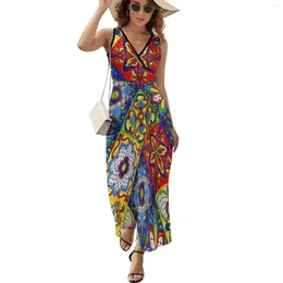 Casual Dresses Colorful Talavera Mexican Tiles Pattern (34) Dress Vintage Maxi Street Style Bohemia Long Sleeveless Graphic Overs