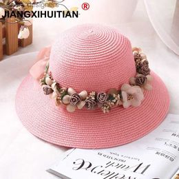 Wide Brim Hats Bucket Hats 2017 Summer new Handmade flower straw hat womens Garland sunbonnet bucket hat hem beach cap sun hat for women Y240409