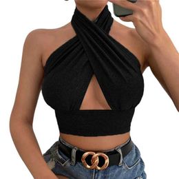 Women's Tanks Camis Womens Summer Tank Top Sexy Solid Color Cross Strap Neckline Sleeveless Shoulderless Crop Top Womens Party Club Street Clothing J240409