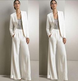 New Bling Sequins Ivory White Pants Suits Mother Of The Bride Dresses Formal Chiffon Tuxedos Women Party Wear New Fashion Modest2835283