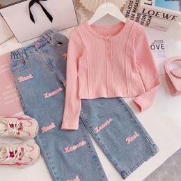 Spring Autumn Girls Clothing Set Solid Color Long Sleeve TopLetter Print Wide Leg Jeans 2Pcs For 4-12Y Kids Fashion Outfit 240401