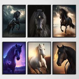 Wild Animal Horse Poster Black Horse White Horse Canvas Painting Print Wall Art Picture for Study Office Living Room Home Decor