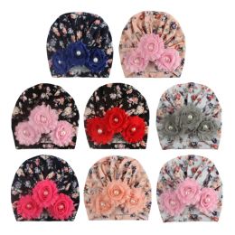 New Spring Baby Girl Hats Sweet Floral Print Beanie with Lace Flower Decor Infant Toddler Soft Skin-Friendly Turban Head Wraps