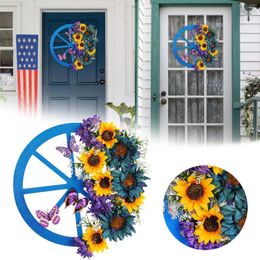 Decorative Flowers Blue Sunflower Wheel Garland 2024 Spring Creative Simulation Flower Christmas And Wreaths Large Lighted Outdoor Wreath