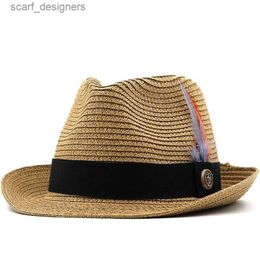 Wide Brim Hats Bucket Hats Summer Parent-child Beach Hat Female Casual Panama Jazz Hat Men Brand gentleman 5.5cm brim Feather band Straw cap boys Sun Hat Y240409