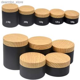 Food Jars Canisters 10/30/50pcs100-250 Matte Black Plastic Jar With Wood rain Lids Empty Mask Jar Cosmetic Containers Makeup Box Travel Bottle L49