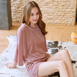 Home Clothing 2024 Summer Fall Women Twinset Thin Velour Pyjamas Set Half Sleeve Shorts O-Neck Sleepwear Fashion Loose Pyjamas