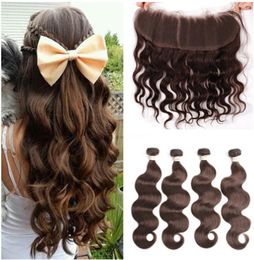 Chocolate Brown Brazilian Human Hair Weaves 3 Bundles with Frontal Body Wave 4 Dark Brown Hair Bundle Deals with 13x4 Lace Fronta5410913