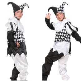 Halloween Carnival Costumes Funny Fun Cosplay Black and White Splicing Clown Costume with Hat for Man Women Innovative Set