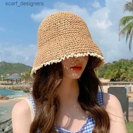 Wide Brim Hats Bucket Hats 2022 NEW Womens Summer Bucket Folding with fresh Straw Hat Panamas UV Protection Sun Visor Seaside Beach Hat Tide Summer Hats Y240409