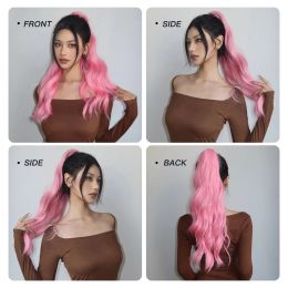 HAIRCUBE Synthetic Long Wavy Ponytail Claw Clip Ponytail Hair Extensions Fake Pony Tail Hair For White Women Pink Blonde Black